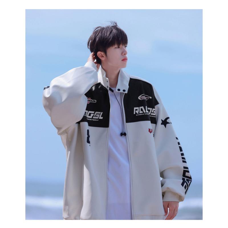 Autumn American Color Blocked Motorcycle Suit Leather Jacket Men's Trendy Spring and Autumn Versatile Loose and Handsome Jacket