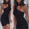 New Women Fashion Black Glitter Choker Sleeveless Cut Out Halter Bodycon Dresses Package Hip Robe Cocktail Off Shoulder Vestidos Party Dress Plus Size