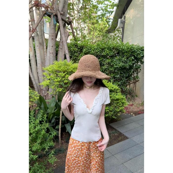 Sexy pure desire deep v-neck fungus edge front shoulder thin short-sleeved T-shirt summer fashion solid color slim-fitting waist short-sleeved