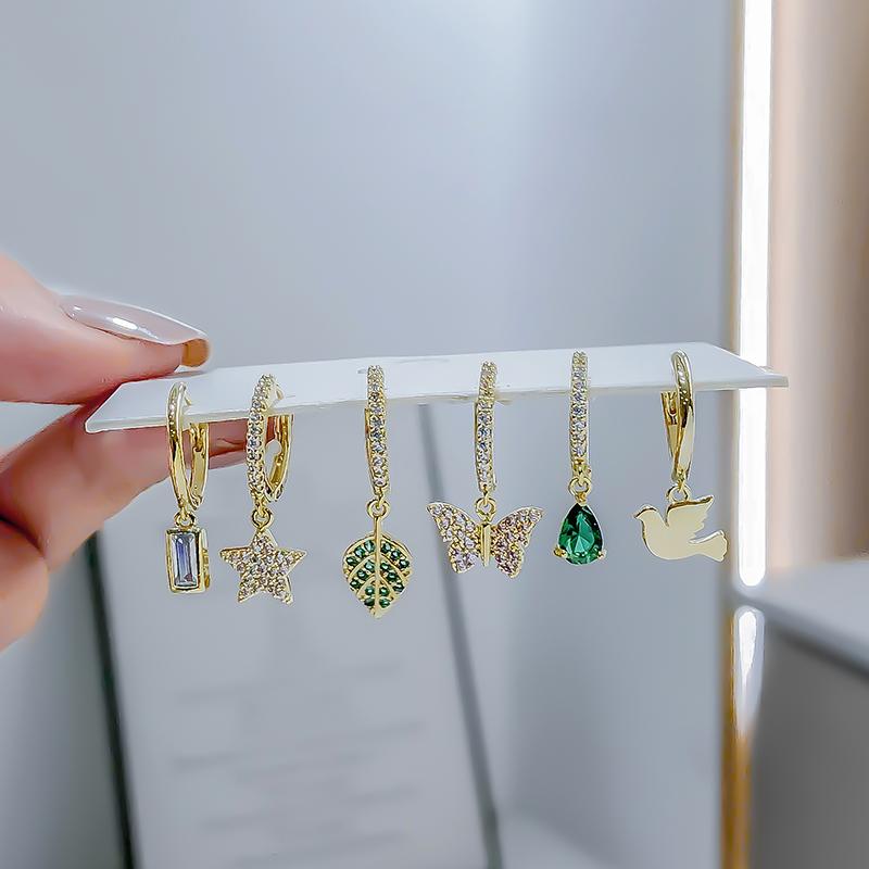 ANENJERY Комплект из 6 серег, женские серьги-кольца в виде листьев, звезд, бабочек, капель воды, изящные ювелирные изделия
