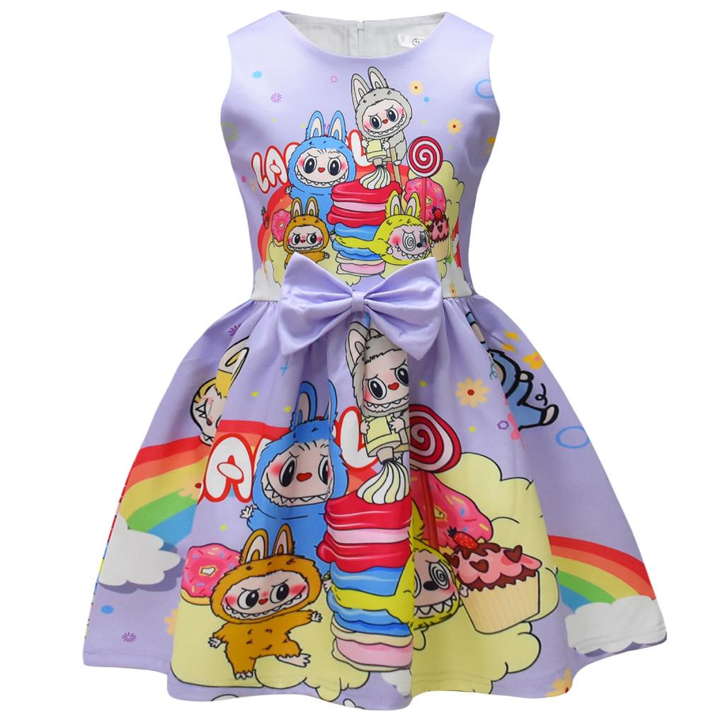 Детское платье для девочек, аниме, мультяшный принт эльфа, без рукавов, с бантом, повседневное, для вечеринки, принцессы