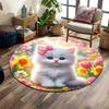 Fluffy White Kitten with Pink Bow Print Round Rug, Living Room, Bedroom, Playroom Carpet, Non Slip Floor Mat, Gift