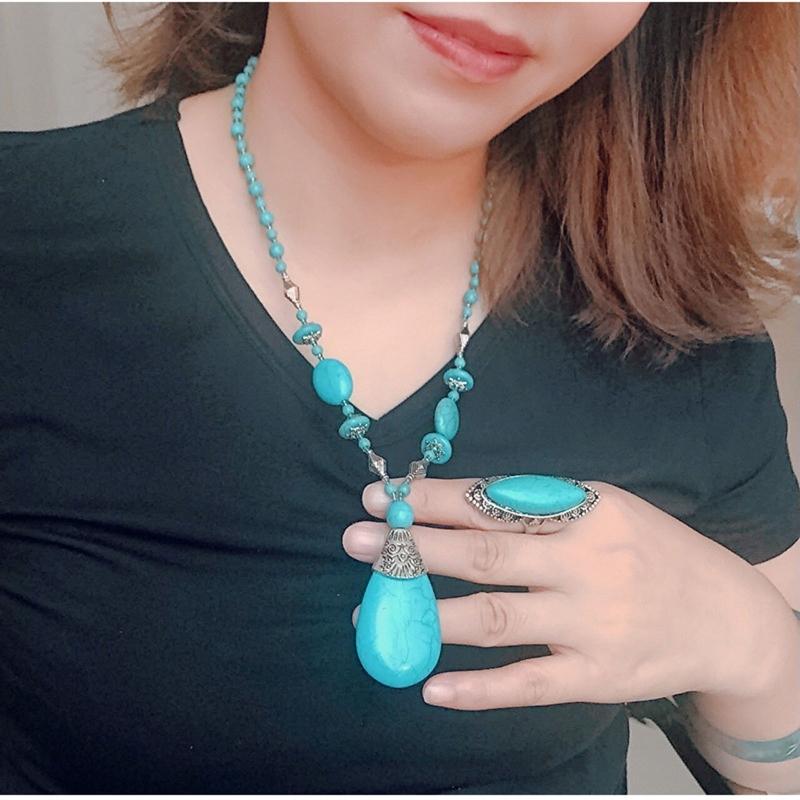 Наборы украшений с бирюзой Бирюзовые ожерелья Бирюзовое ожерелье с подвеской Серьги Кольцо Набор Винтажный стиль Бирюзовый материал