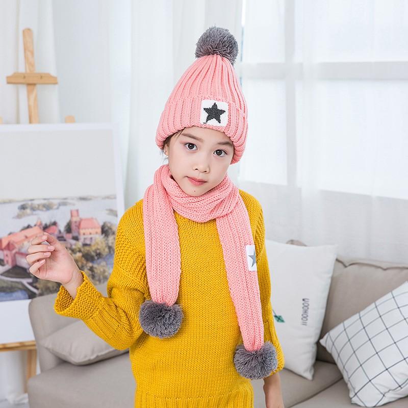 Kids Winter Knit Beanie Set With Star Pom Wide Brim Warm Hat Outdoor Skiing Cycling Ages 4-10