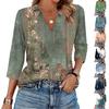 Women's Fashionable Casual Lapel T-Shirt With Retro Floral Print Seven Quarter Sleeve Top