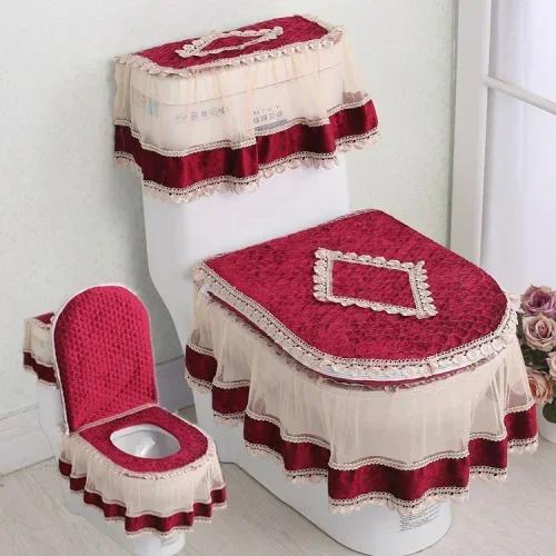 Вышитый край кружевной коврик для унитаза из 3 частей осенне-зимний бархатный чехол для унитаза U-образная молния сиденье для унитаза юбка стиль подол