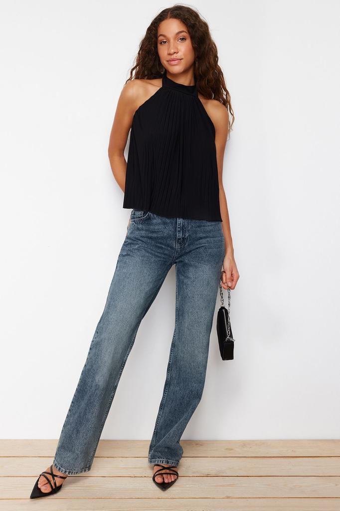 Women's Fashion New Blouse Black Pleated Halter Collar Regular Normal Fit Flexible Knitted Blouse