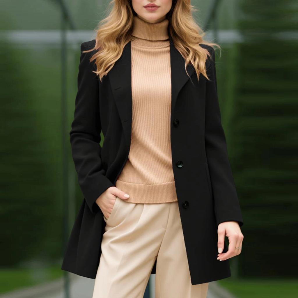 Coats For Women Elegant Single Breasted Mid Length Wool Coat Long Sleeve Outwear Overcoat