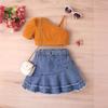 Костюм для девочек, летний детский однотонный топ с короткими рукавами, джинсовая плиссированная короткая юбка, пояс для костюма