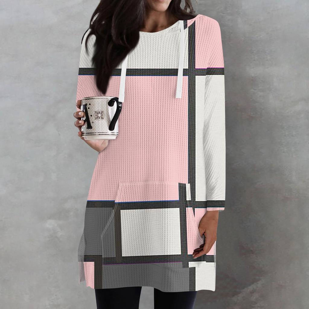 Женские свободные рубашки с принтом, длинные рукава, толстовки с завязками, трикотажные туники с боковыми разрезами, топы с капюшоном и карманом