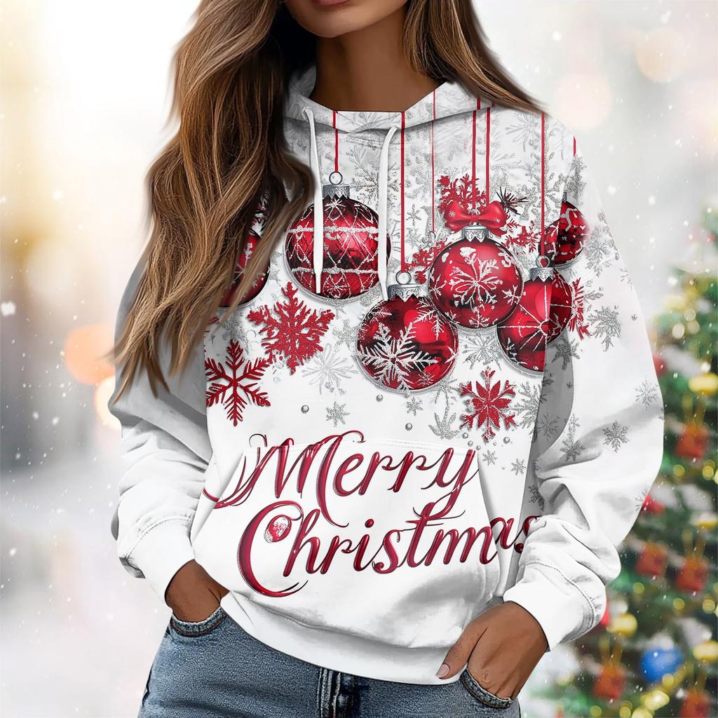 Женская повседневная свободная толстовка с капюшоном и длинным рукавом с рождественским принтом на завязках