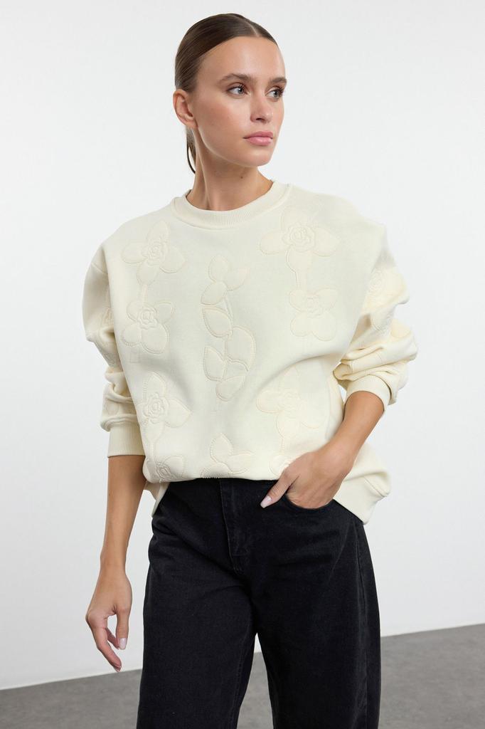 Women's Fashionable Stylish Sweatshirt Ecru Embroidered Regular Normal Pattern Knitted Sweatshirt