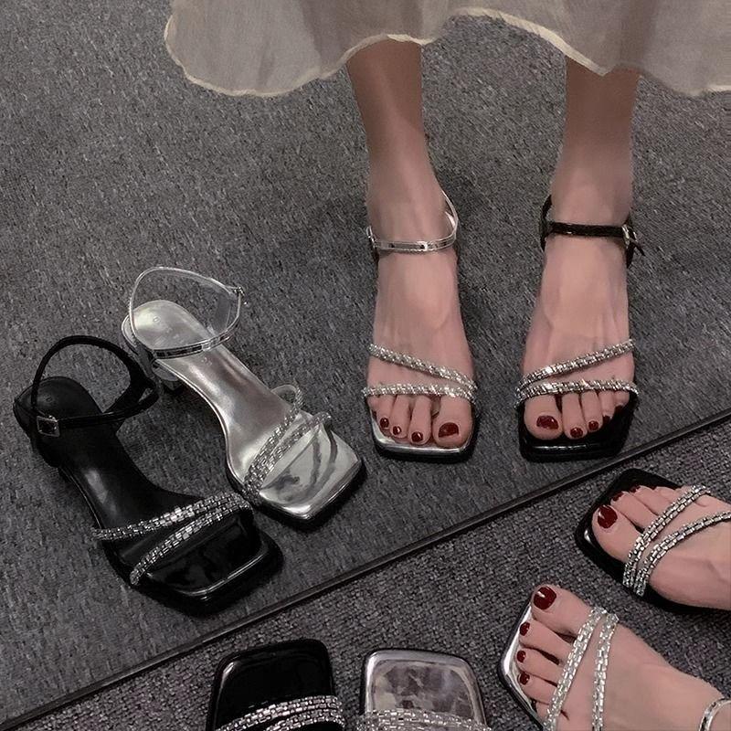 Fashion Thick-heeled Rhinestone Sandals for Women 2025 Summer New Fairy Beautiful One-line with French Crystal Heel Sandals