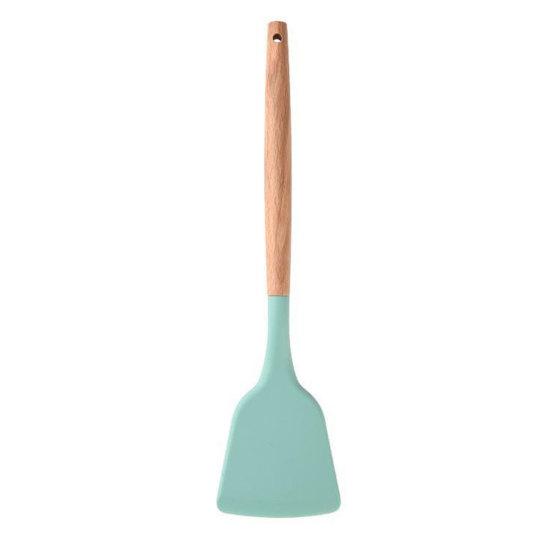 Cooking Spatula Non-demable Anti-slip Silent Stir-Fry Heat Resistance Silicone Extended Wooden Handle Frying Spatula Kitchen