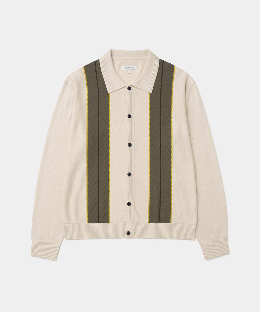 UNIFORM BRIDGE Stripe Bowling Knit Cardigan Beige