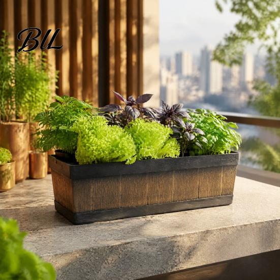 Long Flower Planter for Railings 18 Inch Rectangular Box, Imitation Wood Grain Window Box Planter, Plastic Vegetables Non Deformable Plant Basins