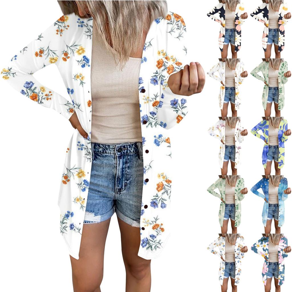 Women's Casual Fashion Comfortable Loose Long Sleeve Floral Print Cardigan Jacket