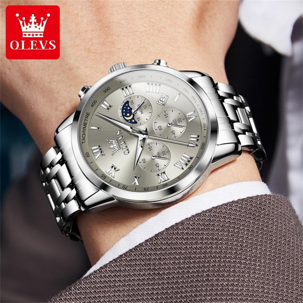 Multifunctional Men's Watches Chronograph Quartz Watch Moon Phase Calendar Luminous Waterproof Watch for Men