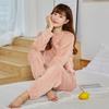 Women's Flannel Warm Home Sleepwear Sets Solid Color Round Neck Fleece Thick Pullover Lady Pajamas Long Sleeve Pants Casual 2Pcs