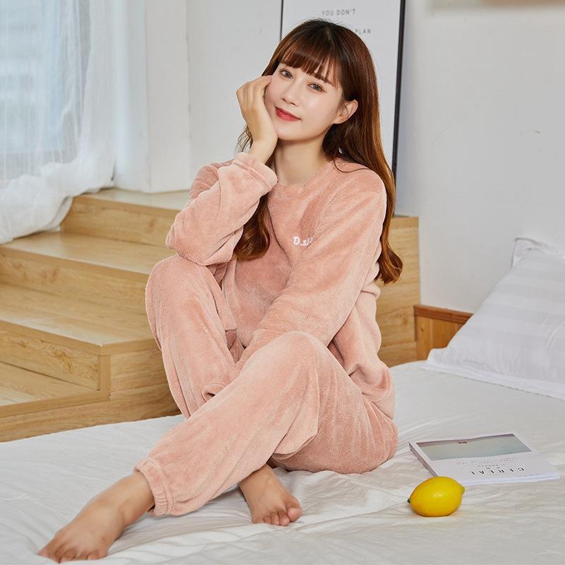 Women's Flannel Warm Home Sleepwear Sets Solid Color Round Neck Fleece Thick Pullover Lady Pajamas Long Sleeve Pants Casual 2Pcs