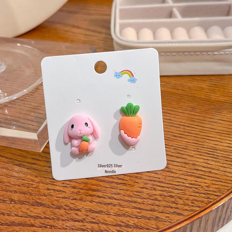 Японские серьги в виде кролика, медведя и клубники в пастельных тонах с серебряными штифтами