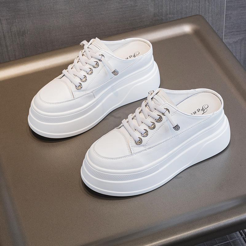 Тапочки из натуральной кожи, женская повседневная обувь, женские тапочки на платформе, на шнуровке, белые туфли с увеличенным каблуком, низкая женская обувь