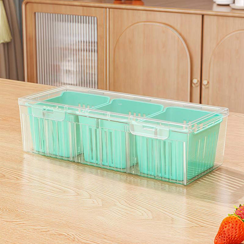 1 Set of Kitchen Refrigerator Accessories with a Lid, Food Storage Container, with 3 Transparent Square Detachable Compartment D