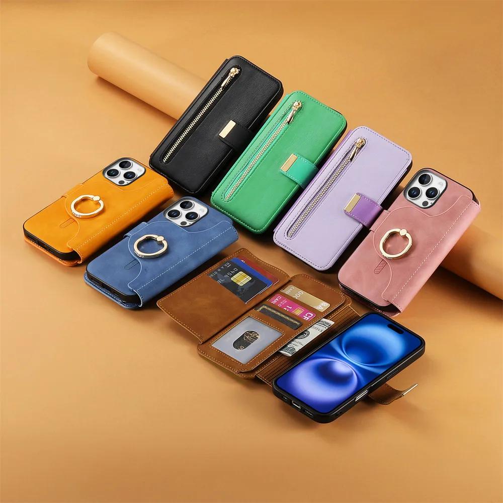 Phone Case For iPhone 17 17E 16E 16 15 14 13 12 11 Pro Max Xs Xr 7 8 Plus SE 2025 2In1 Detachable Leather Zipper Wallet Cover