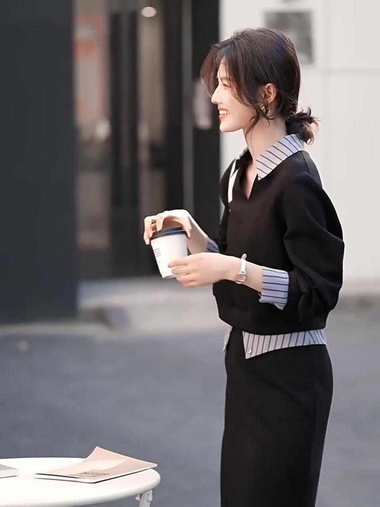 Internet Celebrity Patchwork Shirt Collar Sweatshirt & Midi Skirt Set for Women - Autumn Casual Two-Piece Ensemble