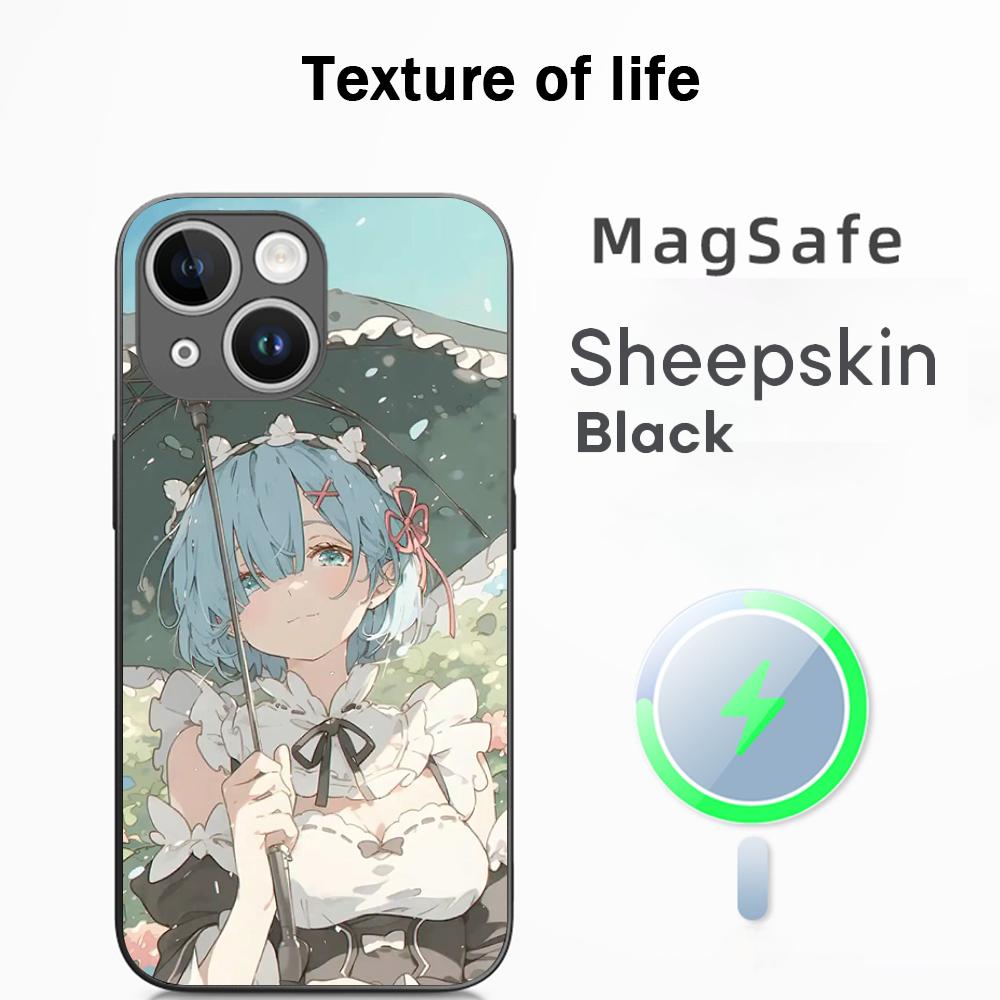 Re zero милая девушка классический аниме-узор Чехол для телефона Для iPhone 17 16 15 14 13 12 Plus Pro Max Высококачественный Роскошный Magsafe Овчина