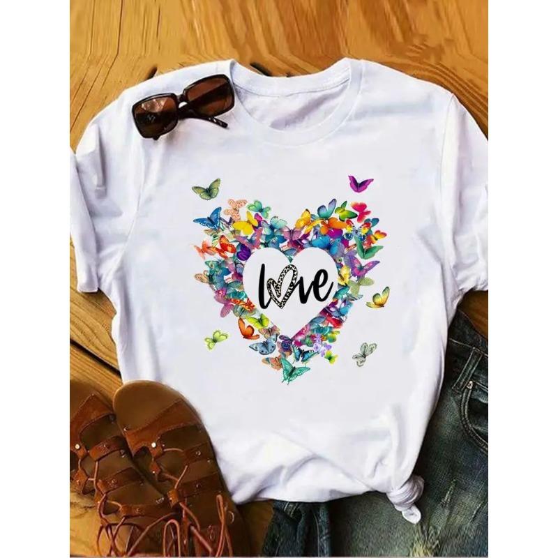 Love Heart Butterfly Trend Summer Clothes Womens Clothing Ladies Print Fashion Tshirts Short Sleeve FeUnisex Graphic Tee Fashion