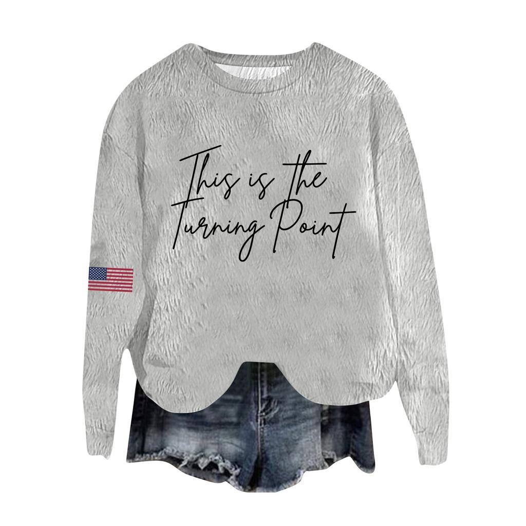 Women's Fashion Round Neck Pullover Top Long Sleeve Tee Printed Sweatshirt