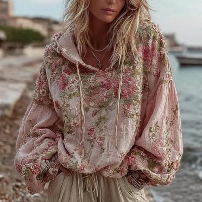 Женское худи пэчворк с цветочным принтом, оверсайз, винтажный пуловер, толстовка, осенний повседневный наряд с длинным рукавом и капюшоном