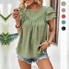 Женская летняя зеленая рубашка с короткими рукавами и рюшами, блузка с круглым вырезом, свободные топы