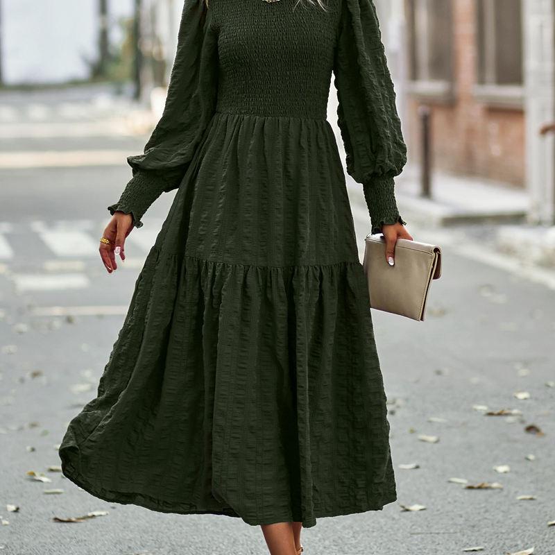 Женщины с круглым вырезом и пышными рукавами, сплошное цветное платье миди с высокой талией и темпераментом