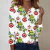 Women's Fashion Casual V-Neck Long Sleeve Decorative Button Christmas Print Top
