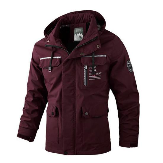 Men Zipper Buttons Placket Casual Windbreaker Jacket Lapel Hooded Long Sleeve Multi Pockets Design Waterproof Outdoor Soft Shell Winter Coat