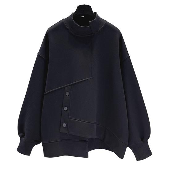 Женский однотонный свитшот с половиной рукавом, нерегулярный высокий воротник, длинный пуловер с подолом, топы с декором на пуговицах, уличная одежда