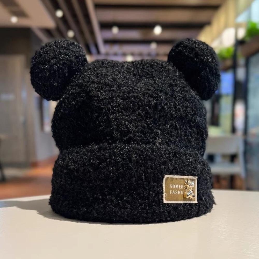 Solid Color Knitted Warm Cap Thickened Bear Ear Hat Fashion Plush Cap Winter Outdoor