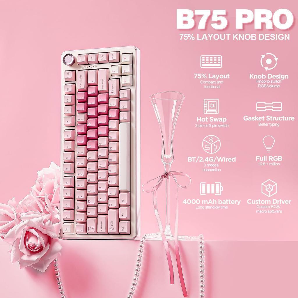 YUNZII B75 PRO 75% Игровая Механическая Клавиатура Gasket RGB Беспроводная BT 2.4G Проводная Ручка