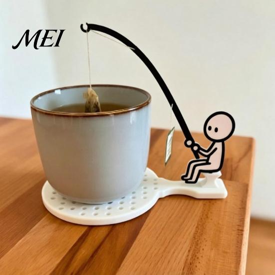 Tea Bag Drip Catcher Fishing Man Holder with Coaster, Cute Stick Figure Minimalist Anti-drip Coaster Holder, Funny Desk Cup Catcher, Novelty Accessory