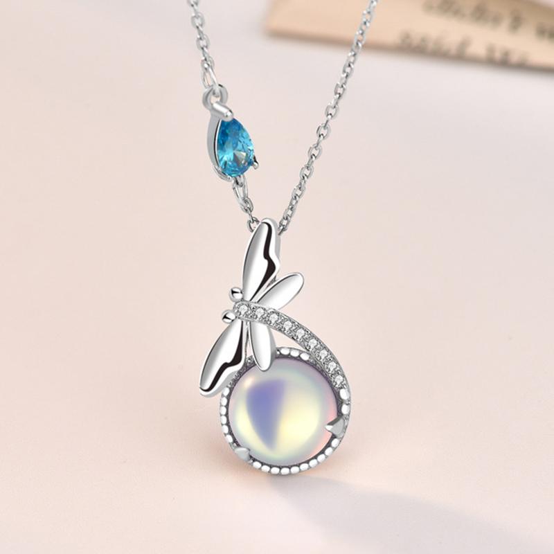 S925 Silver Dragonfly Pendant Necklace with Moonstone for Women