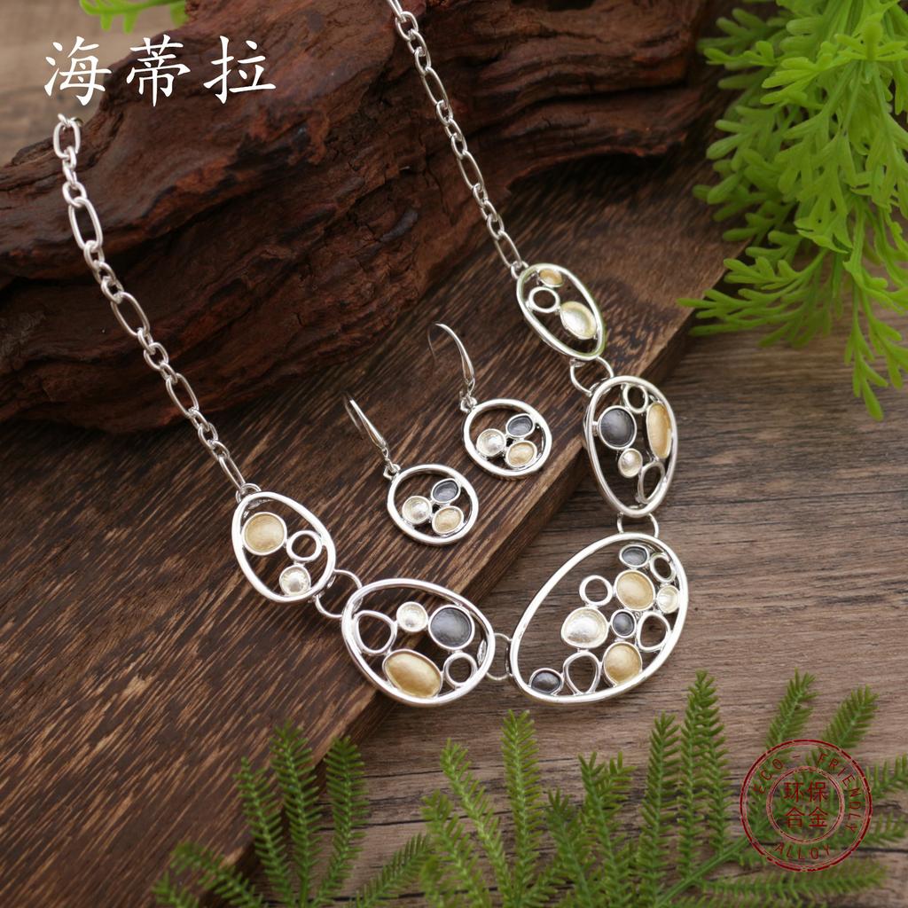Luxury new color painting oil hollow round petal stud earrings necklace set, creative personalized women's necklace