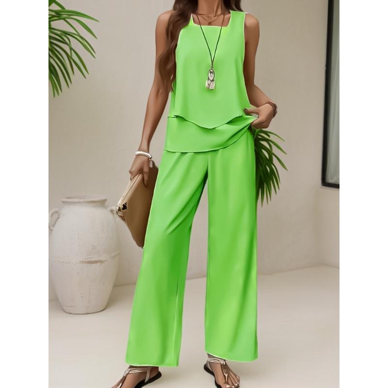 New spot European and American women's clothing hot-selling sleeveless double-layer vest pants set vacation