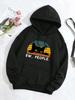 Women's & Unisex (for) Slim Fit Fleece Hoodie - EW PEOPLE Logo & Cat Letter Print Sweatshirt Black with Orange/Yellow Striped Desi
