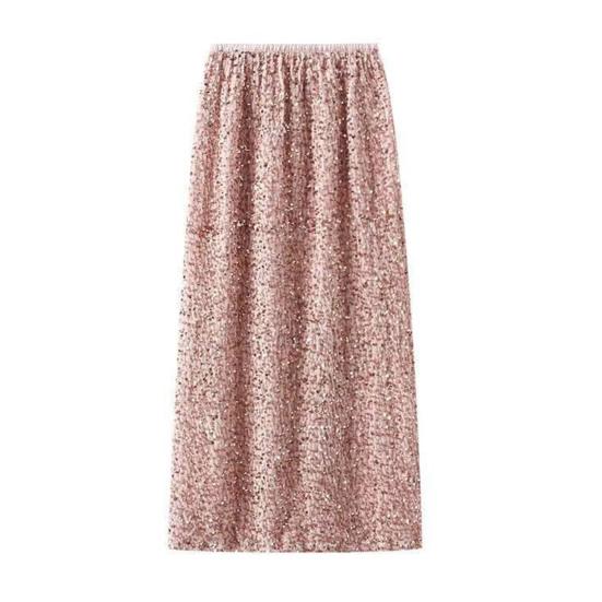 Women Skirt Solid Color Shiny Sequin Decoration Midi Skirt Elastic High Waist Back Slit Design Skirt Beach Weddings Skirt