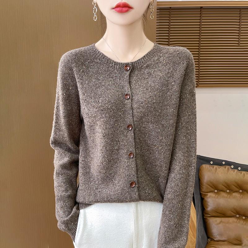 Women's Polka Dot Wool Cardigan, Round Neck, Single-Breasted, Korean Style Loose Fit for Autumn/Winter