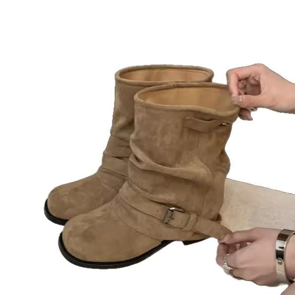 Leather Spice Girl Wasteland Wind Short Summer Boots Women's 2025 New Folded Pile Boots Wide Short Boots Pant Tube Boots