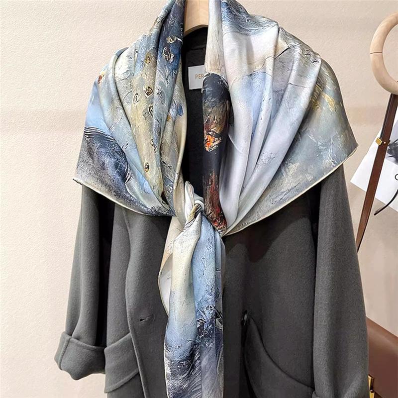 108*108cm100% Mulberry Silk Large Square Scarf Oil Painting Luxury Scarves Sunscreen Shawl Neckerchief Gift