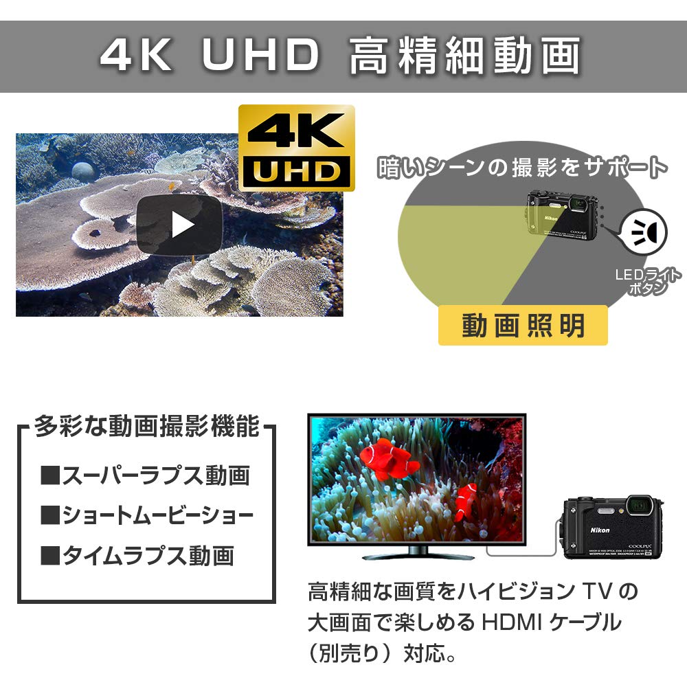Nikon Цифровая пылезащищенная камера COOLPIX W300 BK [Восстановленная], 16,05 мегапикселей, Черная, Водонепроницаемая, Морозостойкая, (обновленный)